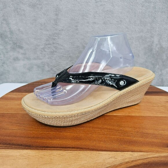 Vionic Grenada Wedge Thong Sandals 10 Black Patent Leather Woven Tan Orthopedic - Picture 1 of 14